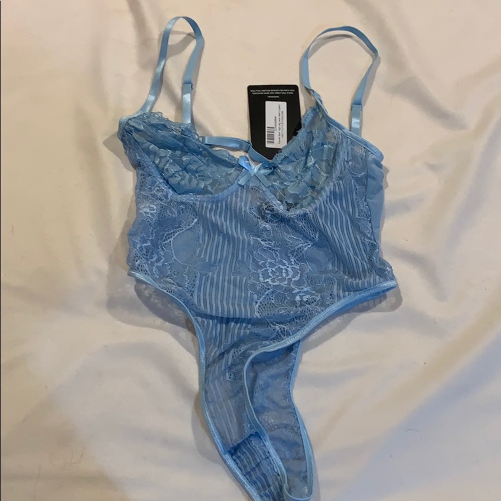 PrettyLittleThing powder blue high leg lace insert